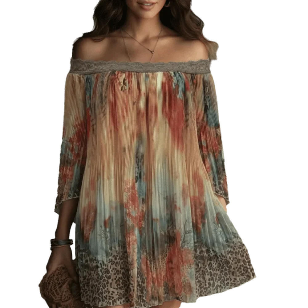 Floral Off-Shoulder Lace Trim Loose Summer Dress Summer Dress Qme S Flower Leopard