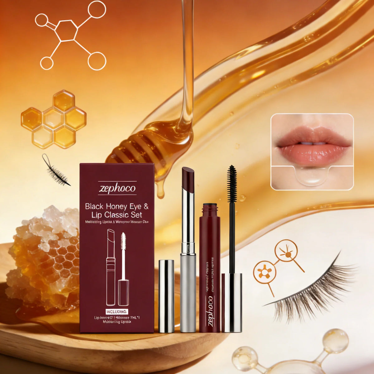 Zephoco Black Honey Lipstick & Waterproof Mascara Makeup Set Makeup Set Qst