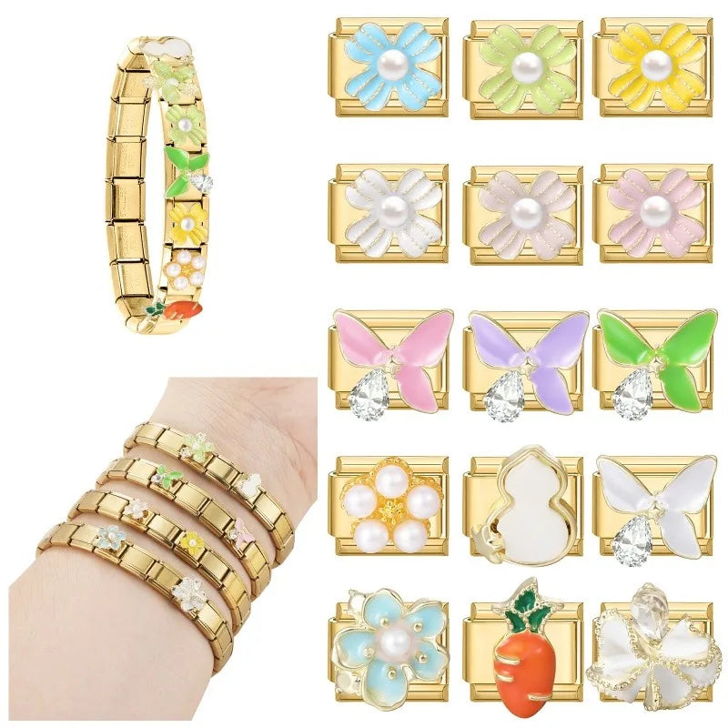 Vintage Golden Pearl Flower Butterfly CZ Charm Bracelet Charm Bracelet Qme