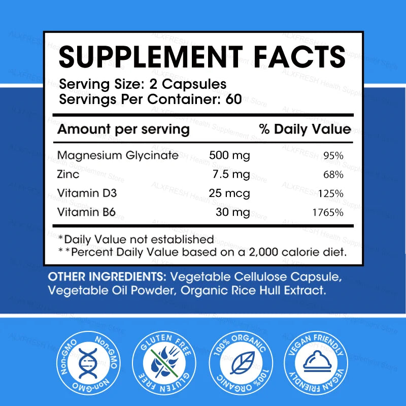 Magnesium Glycinate 500mg with D3, B6 & Zinc | ALXFRESH Magnesium Supplement Qst