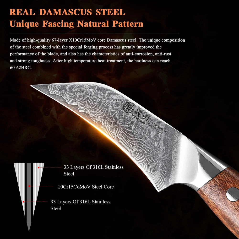 SHENGSHARP 3" Damascus Steel Paring Knife – 67 Layer Rosewood Damascus Paring Knife Qst