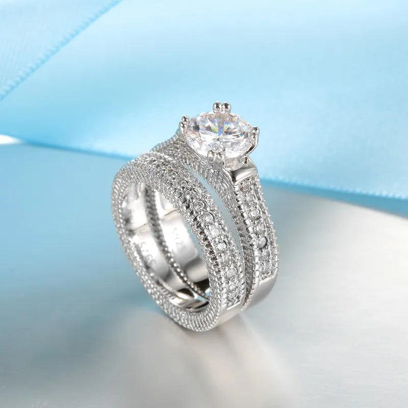 925 Sterling Silver Couple Rings – Cubic Zirconia Engagement Set Couple Ring Set Qme