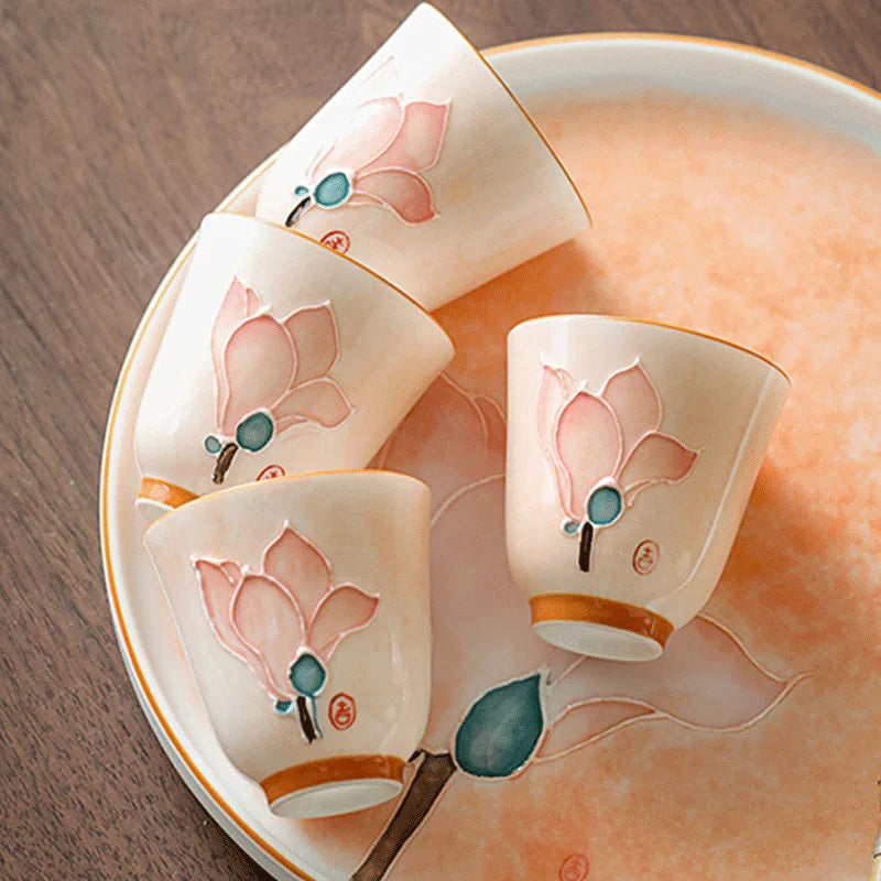 Hand Painted Lotus Pastel Ceramic Glazed Tea Cup | 55ml Ceramic Tea Cup Qme