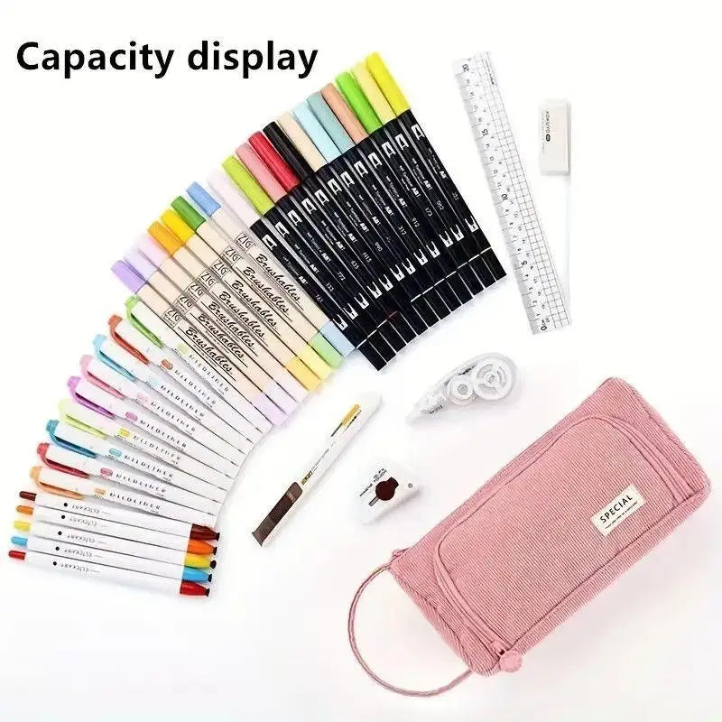 Large Capacity Multi-Layer Corduroy Pencil Case – 5 Colors Pencil Case Qme