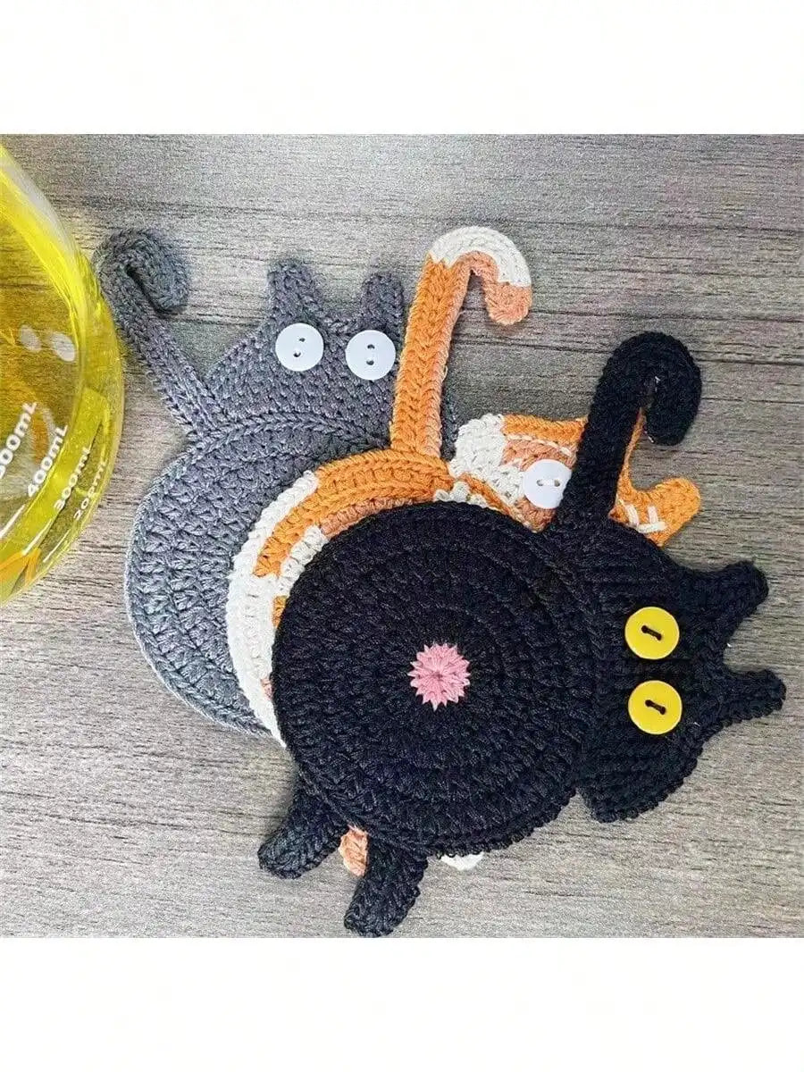 Peeking Cat Crochet Coaster | Cat Lover Gift & Insulated Coaster Crochet Coaster Qme