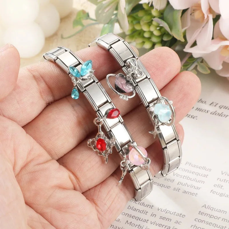 Zircon Italian Charm Links – Heart, Star & Bow | 9mm Steel Italian Charm Links Qme