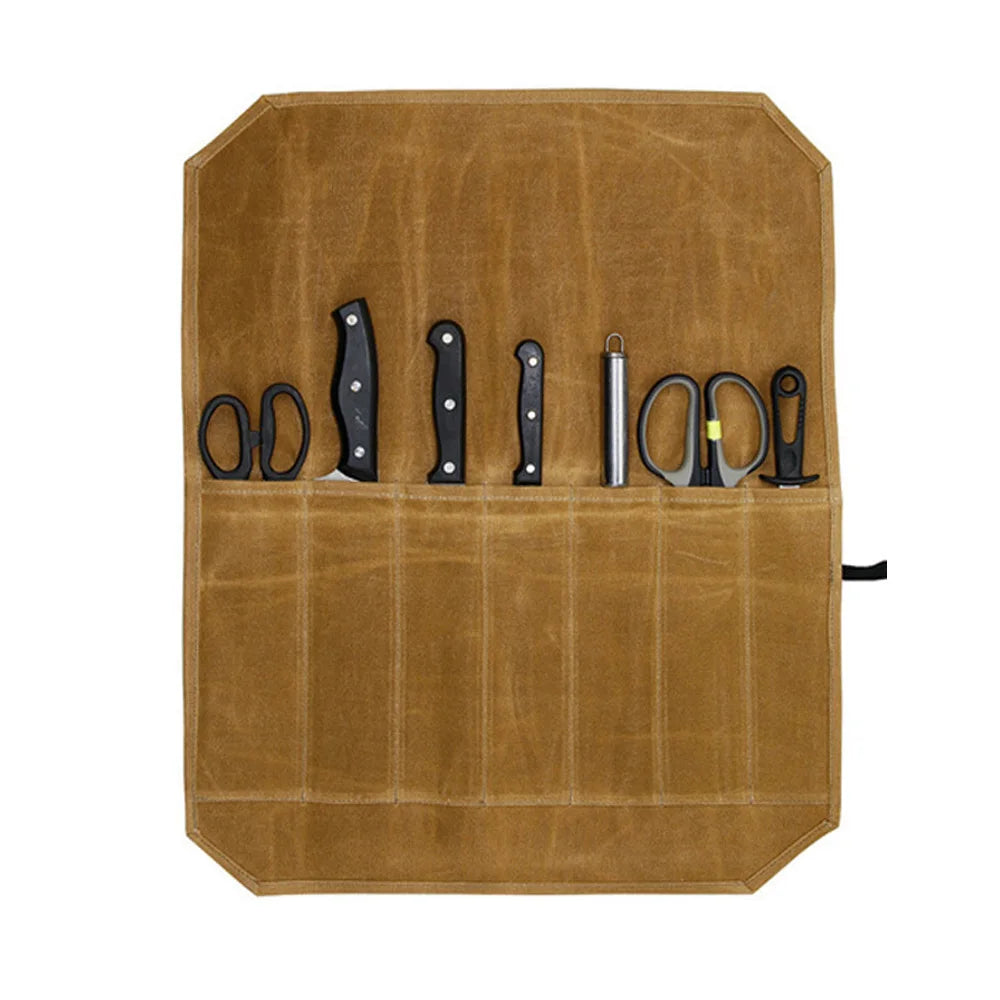Portable Knife Roll Bag – 7-Slot Canvas Knife Storage for Camping Knife Roll Bag Qst
