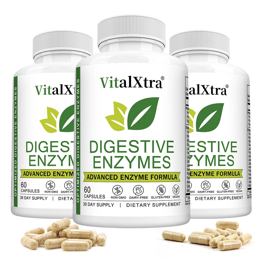 VitalXtra 18-Enzyme Digestive Supplement | Gut Health Capsules Digestive Enzyme Supplement Qst 60 count-3 bottle
