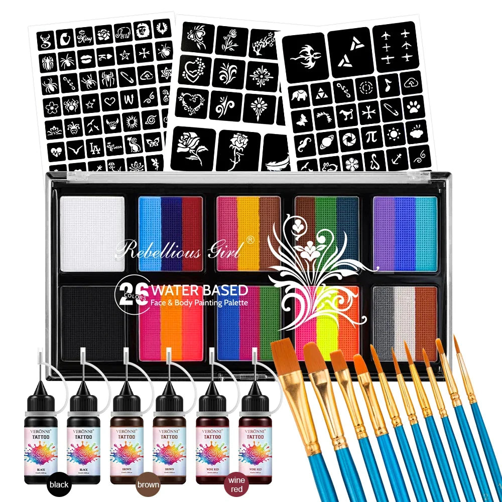 26-Color Face & Body Paint Kit – Brushes, Stencils & Ink Face & Body Paint Kit Qme