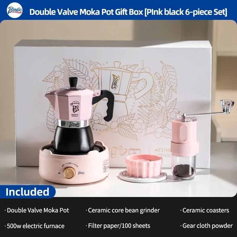 BINCOO Dual Valve Moka Pot Gift Box – Espresso Coffee Maker Moka Pot Qst black pink 6pcs setA