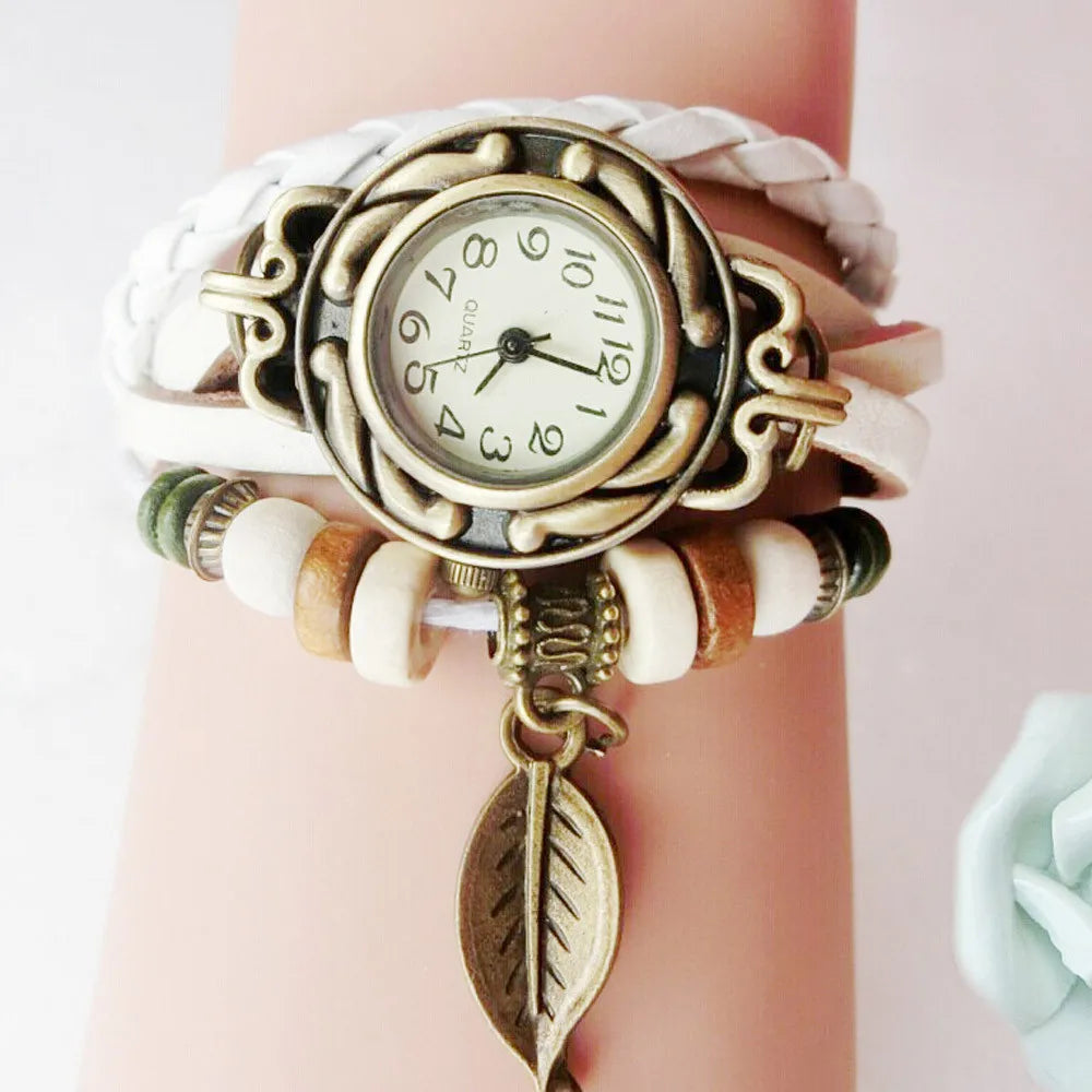 Women's Vintage Leather Wrap Bracelet Watch | Leaf Pendant Leather Bracelet Watch Qme