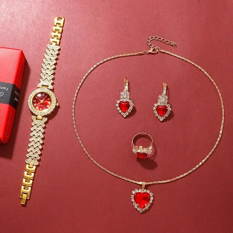 Gold Rhinestone Women's Watch, Ring, Necklace & Earrings Set Jewelry & Watch Set Qme