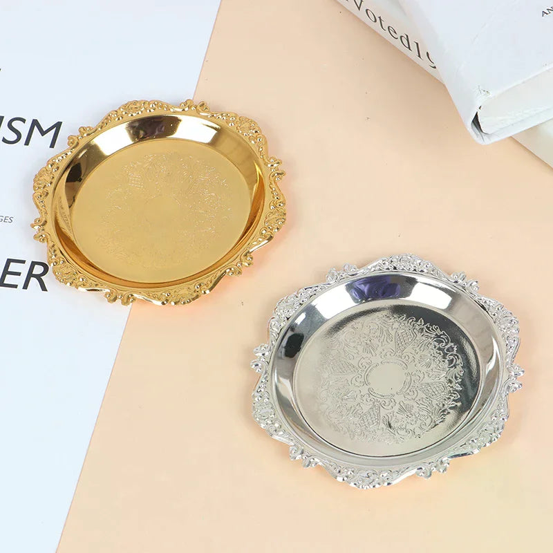 Silver & Gold Glossy Iron Decorative Tray | Buffet Plate Decorative Serving Tray Qme