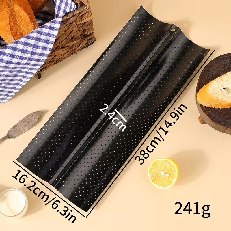 Nonstick Perforated Baguette Pan – 4-Wave Carbon Steel Bread Mold Baguette Baking Pan Qst Black 2