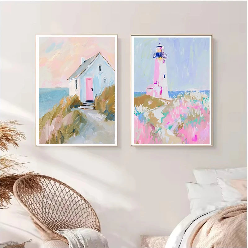 Pink Ocean Waves Seascape Canvas Wall Art – Beach Poster Canvas Wall Art Qst