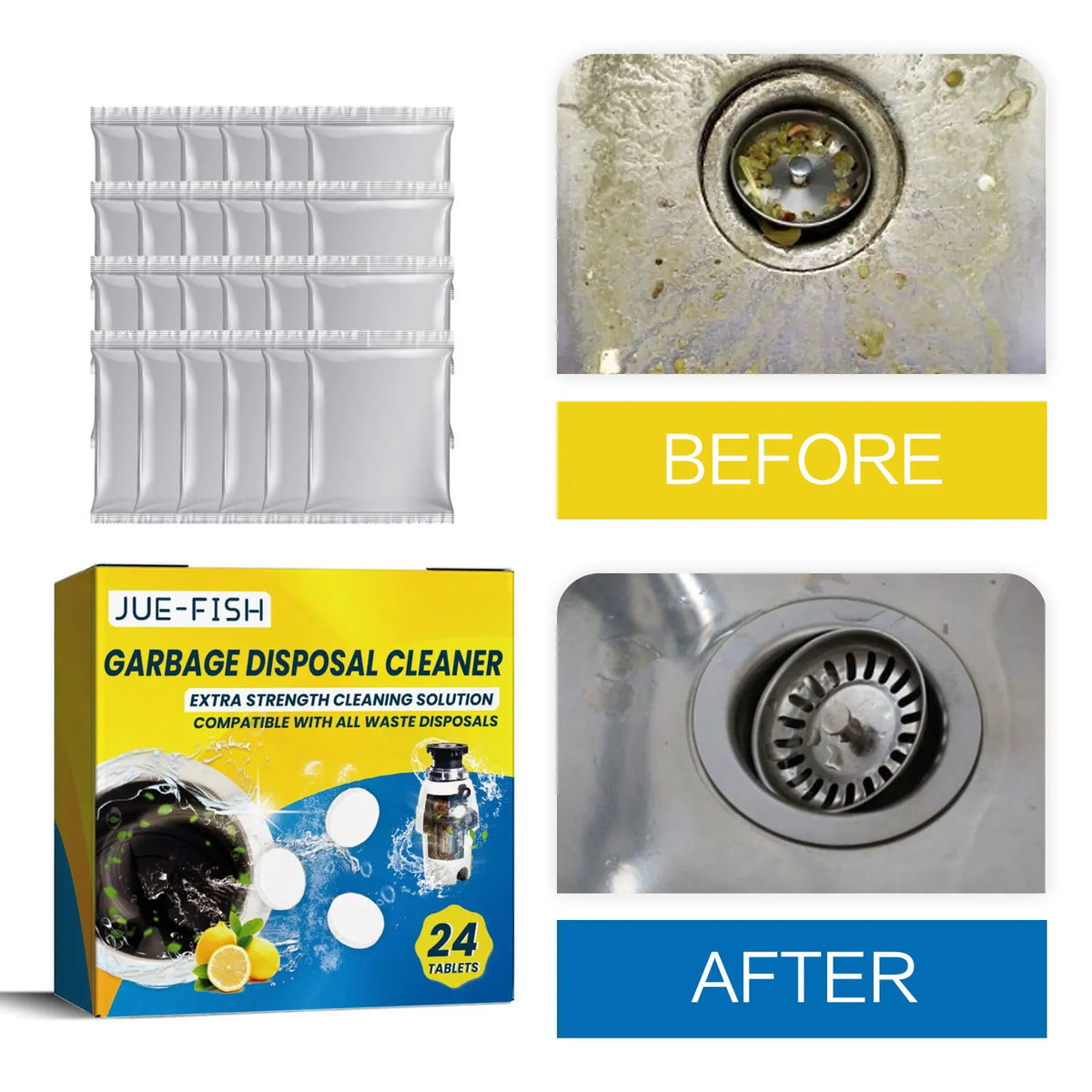 Jue-Fish Sink Cleaning Tablets 24pc – Drain Cleaner & Deodorizer Drain Cleaner Tablets Qst