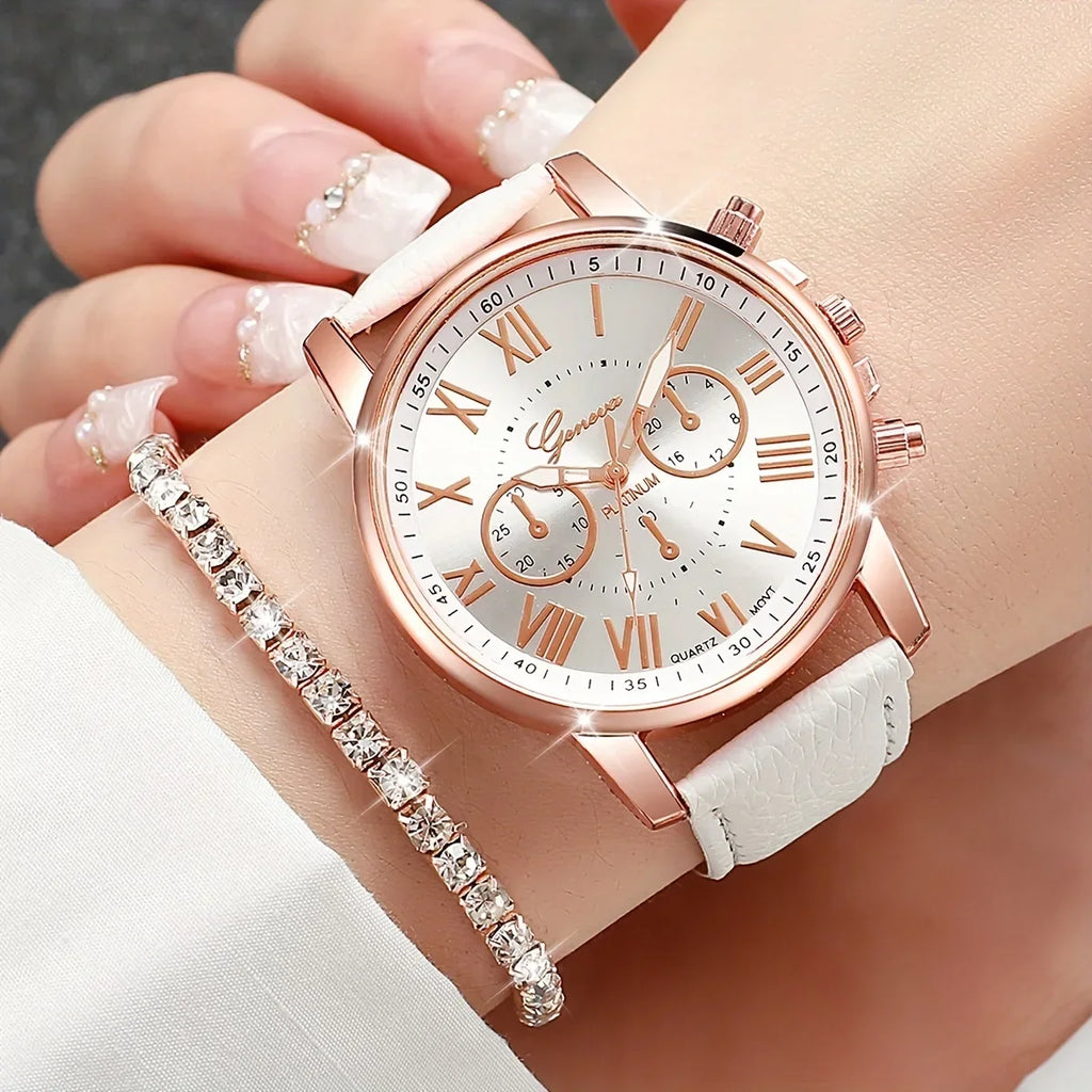 White Round Quartz Watch – PU Leather Strap & Zinc Alloy Case Fashion Quartz Watch Qme