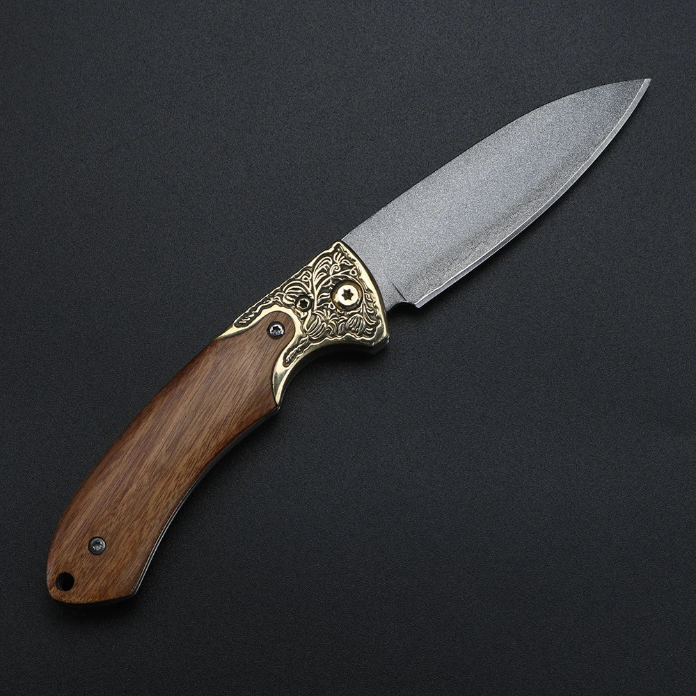 XUANTENG Damascus D2 Steel Folding Knife – Wooden Handle Camping Folding Camping Knife Qst