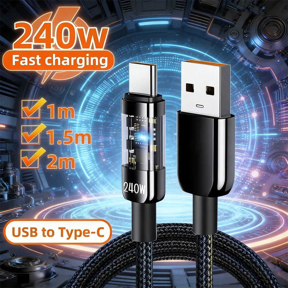USB-C 240W 10A Fast Charging Cable with LED Light | QC3.0 USB-C Charging Cable Qme