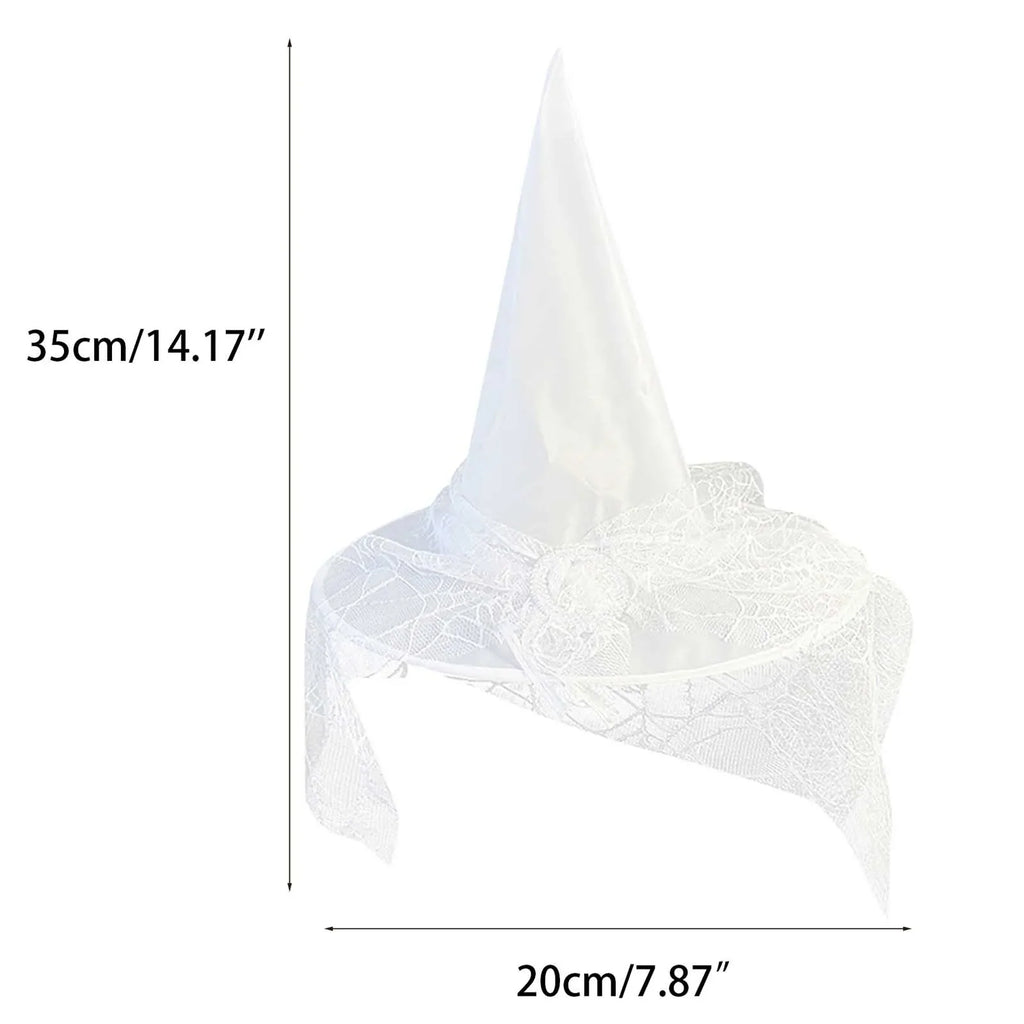 White Witch Hat with Veil – Halloween Cosplay Costume Accessory Costume Hat Qme