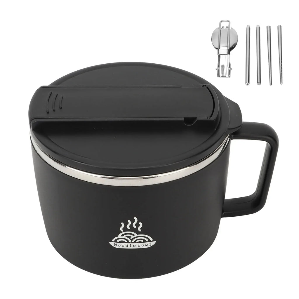 1200ml Stainless Steel Ramen Bowl with Lid, Chopsticks & Spork Portable Ramen Bowl Set Qme black