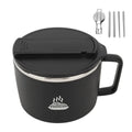 1200ml Stainless Steel Ramen Bowl with Lid, Chopsticks & Spork Portable Ramen Bowl Set Qme black
