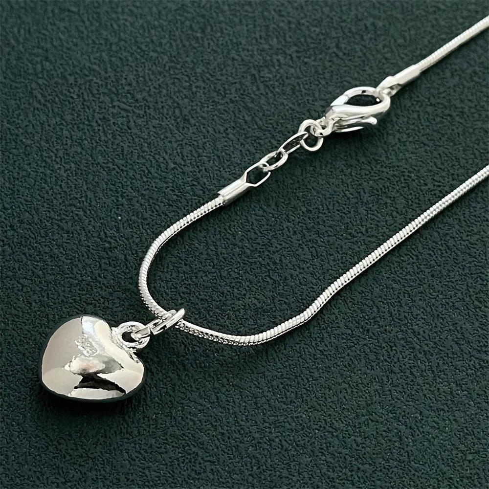 925 Sterling Silver Heart Pendant Snake Chain Necklace Sterling Silver Necklace Qme heart necklace 55CM 22 inches
