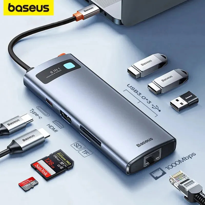 Baseus 8-Port USB-C Hub 4K 60Hz HDMI Ethernet PD 100W USB-C Multiport Hub Qst