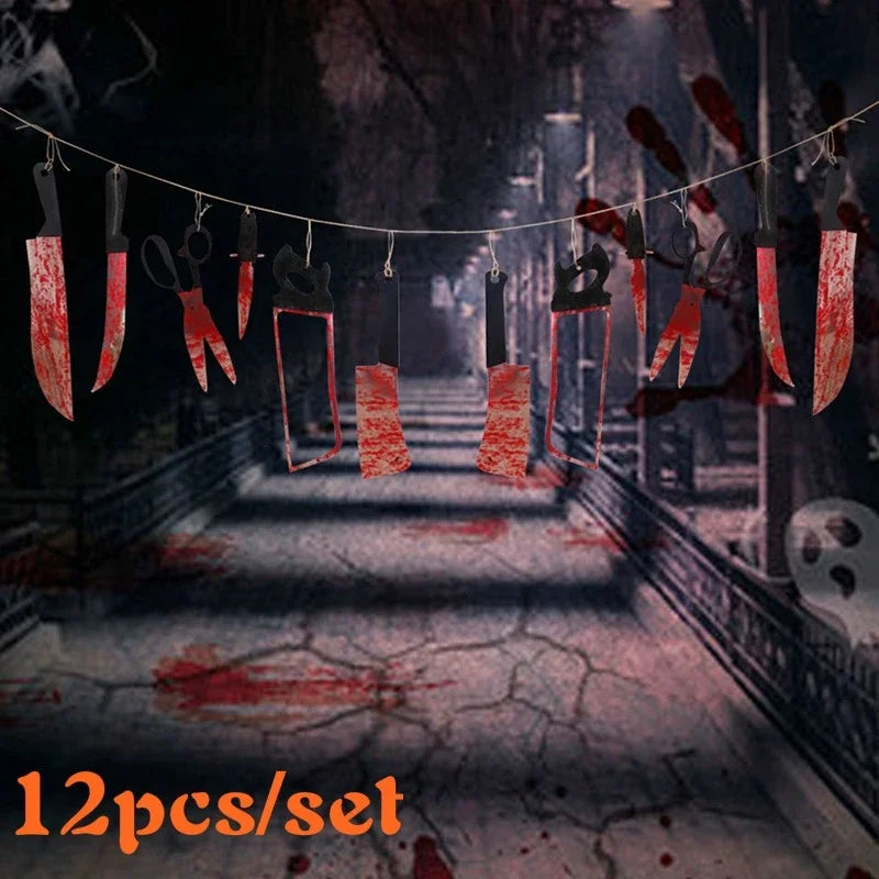 Halloween Fake Blood Knife Garland – Haunted House Banner Halloween Party Decoration Qme