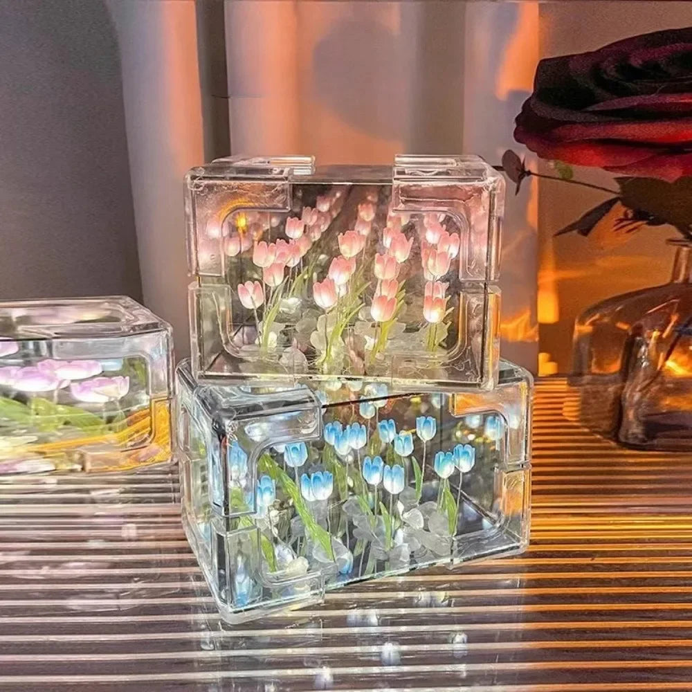 DIY Tulip Flower Cube 3D Glass Night Lamp – 4 Colors DIY Decorative Lamp Qme
