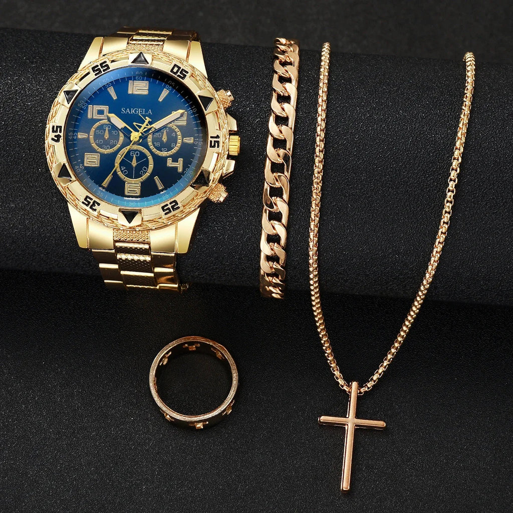 4-Piece Men's Stainless Steel Quartz Watch Set – Business Style Men's Watch Set Qme