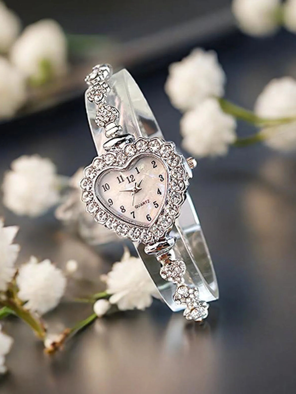Heart-Shaped Diamond Floral Ladies' Watch | Fine Strap Ladies Fashion Watch Qme Silver