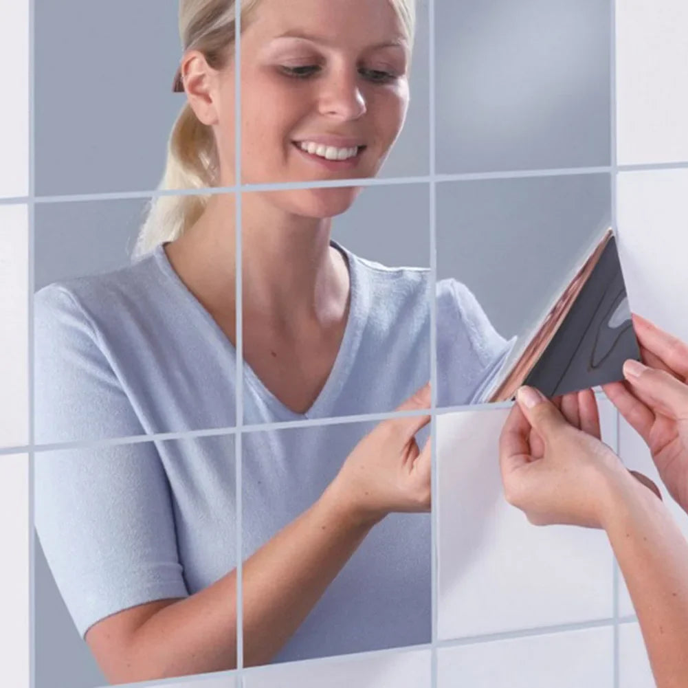 Silver Self-Adhesive Mirror Wall Tiles – 16Pcs Glass Stickers Mirror Wall Stickers Qme