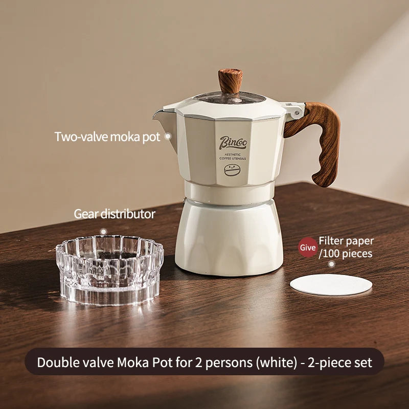 Bincoo Dual Valve Moka Pot Set with Heater – Portable Espresso Moka Pot Set Qst White 3pcs