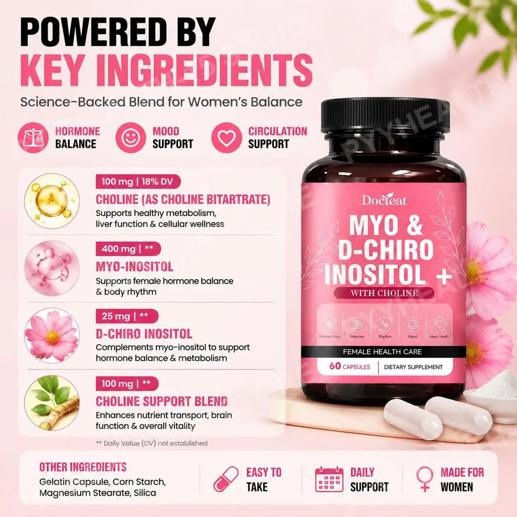 Myo-Inositol & D-Chiro Inositol + Choline Capsules – 60ct Inositol Supplement Qst