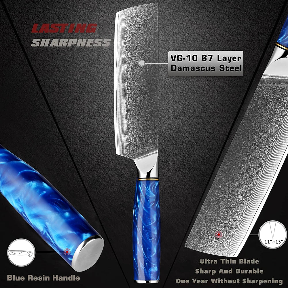 XITUO 7" Damascus Nakiri Knife – VG-10 Steel, Blue Resin Handle Damascus Nakiri Knife Qst