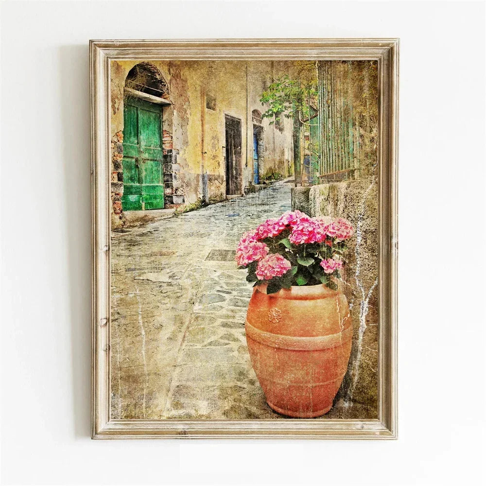 Retro Nostalgic Town Canvas Poster | Flowers Boats Bicycles Canvas Wall Art Qst