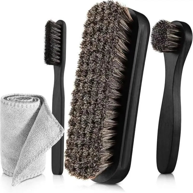 Horsehair Shoe Polish Brush & Dauber Applicator Set Shoe Care Brush Set Qme Black 4Pcs
