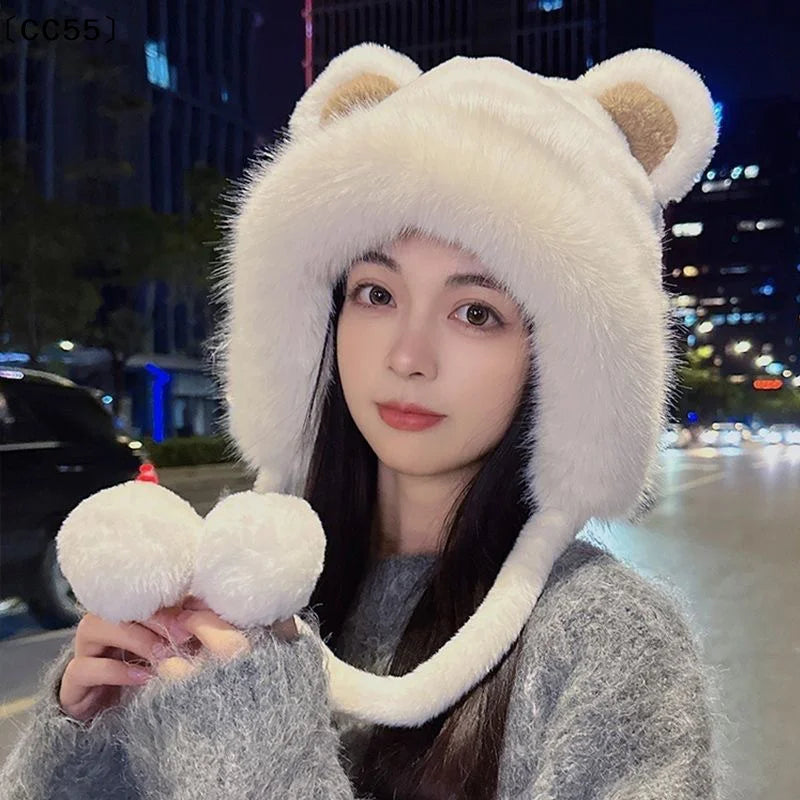 Women's Winter Plush Bear Ear Bucket Hat – Fluffy & Warm Winter Plush Hat Qst