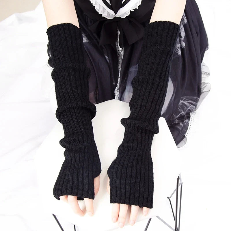 Women Long Fingerless Gloves Lolita Kawaii Knit Arm Warmers Fingerless Arm Warmers Qme black length-52cm
