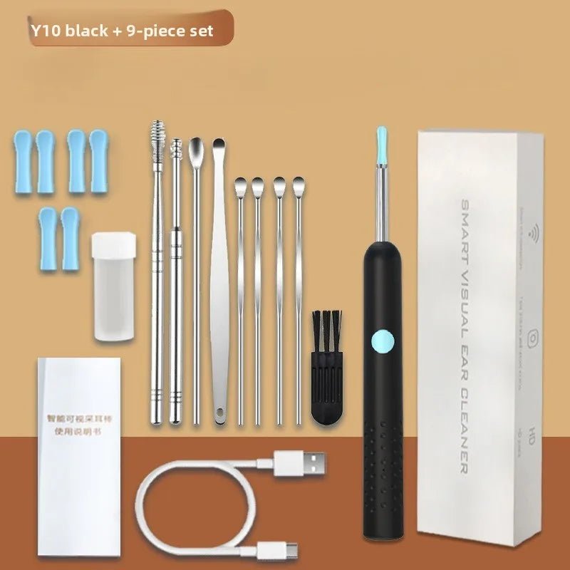 Visual Ear Wax Cleaner with HD Camera & LED – iOS & Android Ear Cleaning Camera Qst 9PCS Set-Black