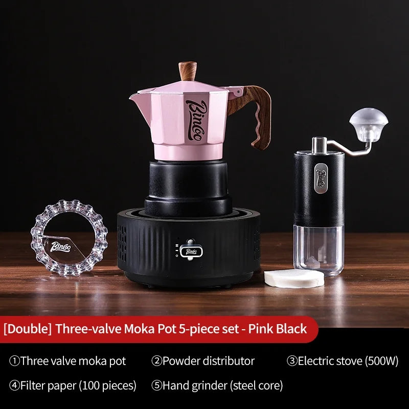 Bincoo 3-Valve Moka Pot Espresso Set with Grinder & Stove Espresso Coffee Set Qst Pink