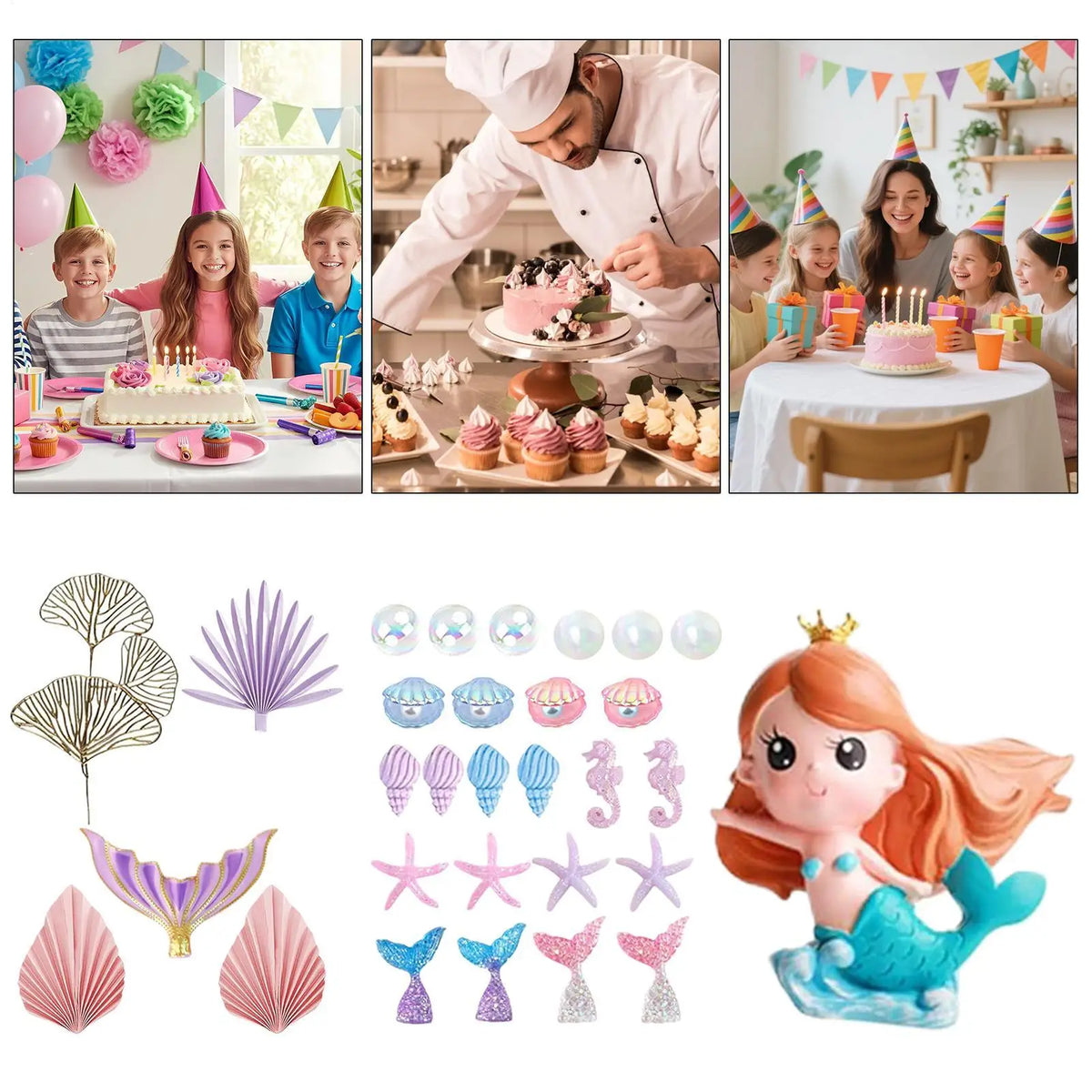 Mermaid Tail Cake Topper Set – Starfish & Seashells Decor Cake Topper Set Qme