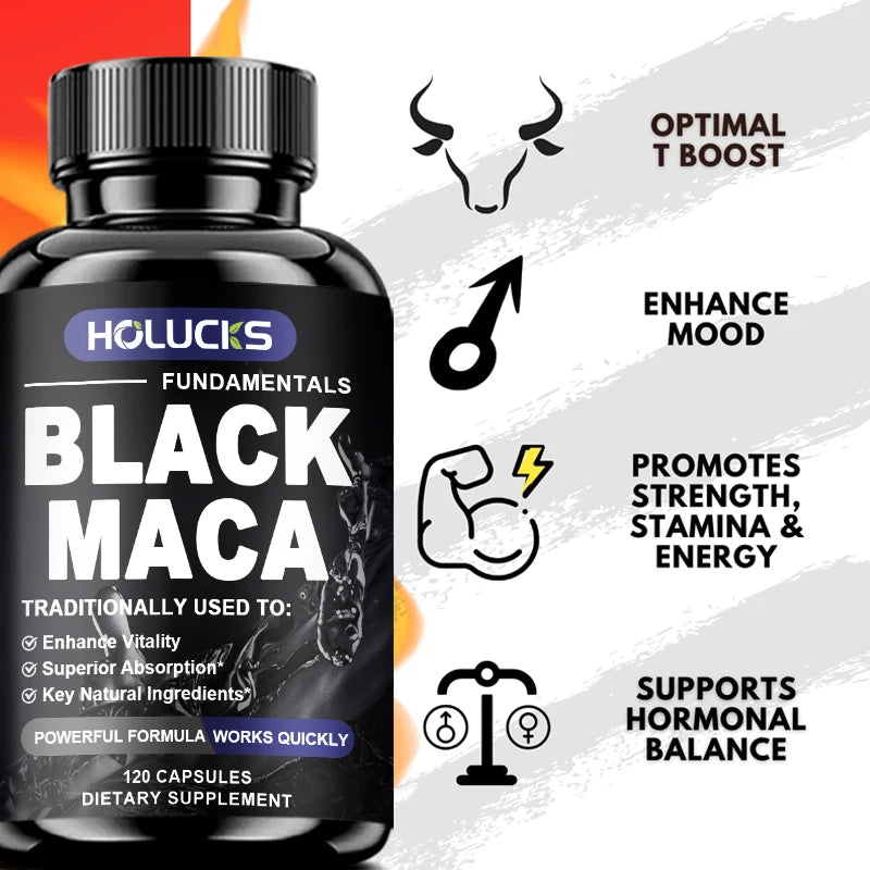 HOLUCKS Organic Black Maca Capsules – Energy & Vitality (120ct) Maca Supplement Qst
