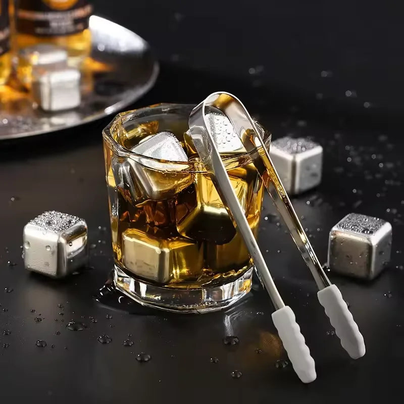 Reusable Stainless Steel Ice Cubes Set – 8/12 Pcs Whiskey Stones Bar Chilling Stones Qst