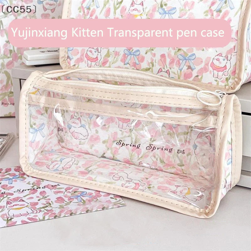 Tulip Kitten Transparent Pencil Case – Large Capacity Pouch Pencil Case Pouch Qst