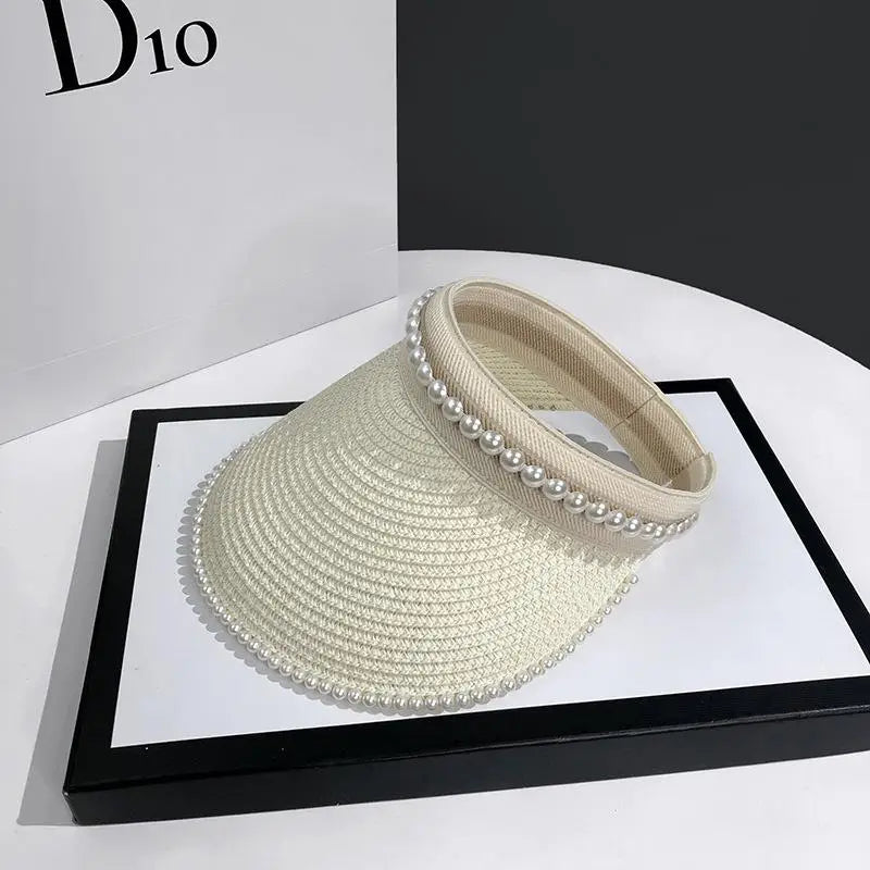 Women's Pearl Raffia Straw Open Top Beach Sun Hat Straw Sun Hat Qst White one size