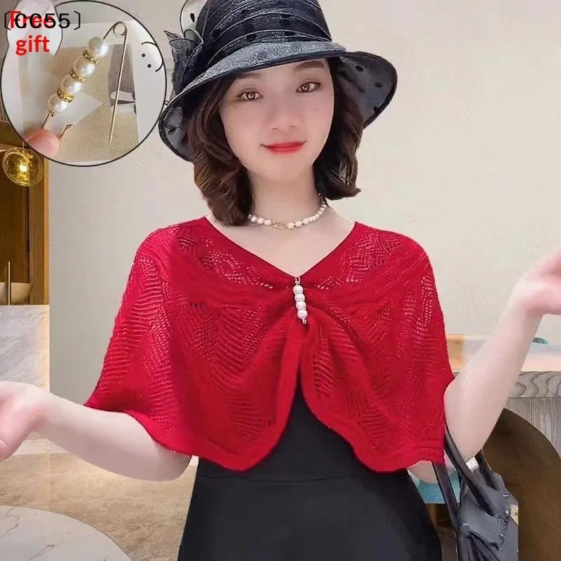 Women's Knit Shawl with Pearl Brooch – Lightweight Cape Knit Shawl Cape Qst