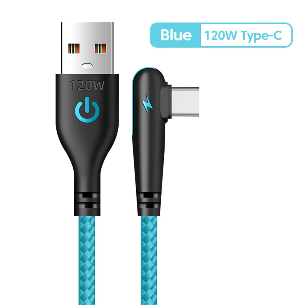 120W USB-C Braided Elbow Fast Charging Cable – iPhone & Samsung USB-C Charging Cable Qme Blue 0.25m