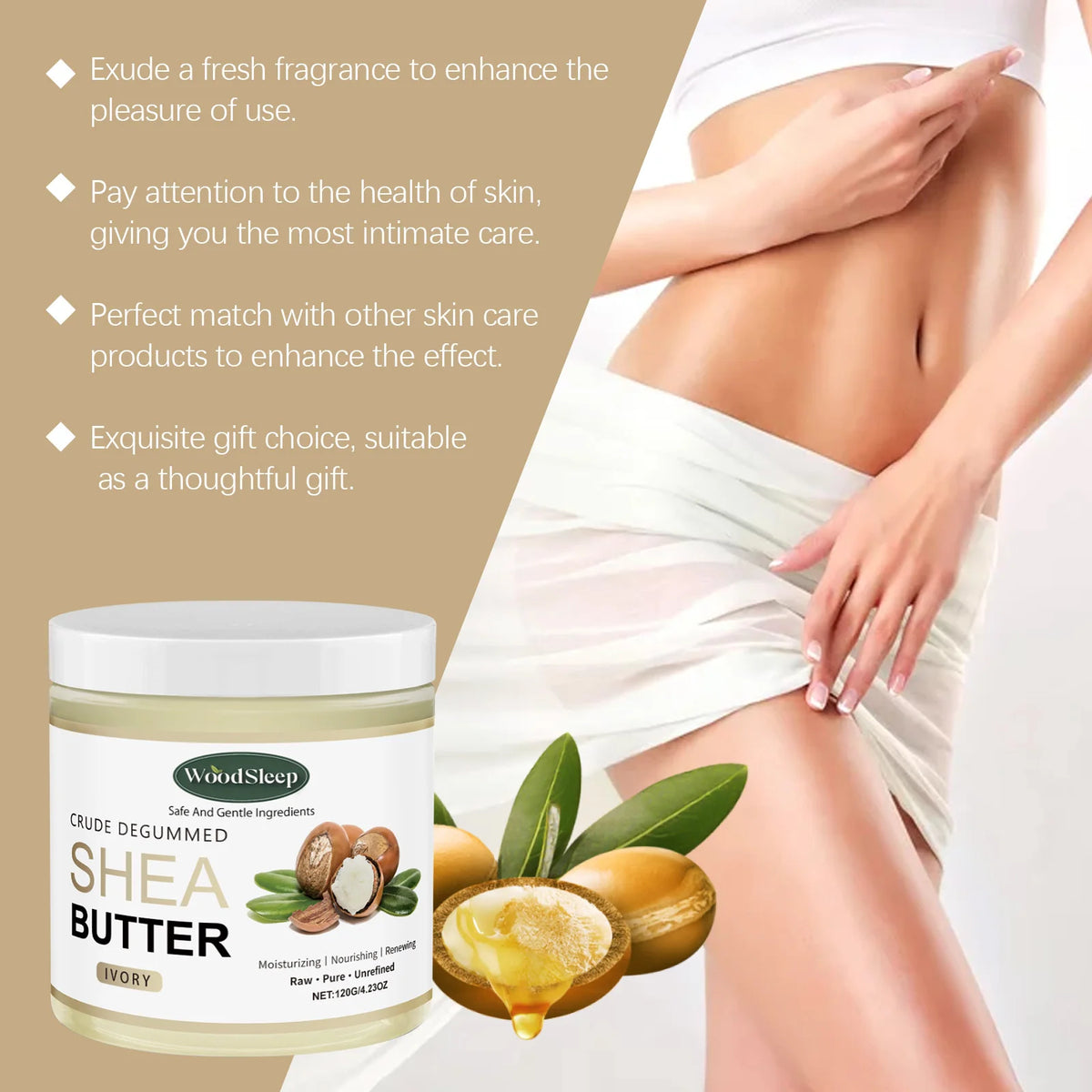 WOODSLEEP Shea Butter Body Cream – Deep Moisturizing 120g Body Butter Cream Qst